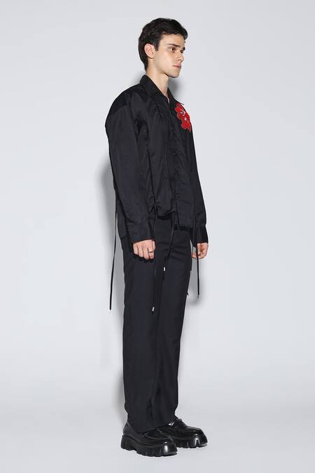 Shop_Dark Hour_Black Cotton Satin Embroidery Designer Enoch Shirt _Online_at_Aza_Fashions