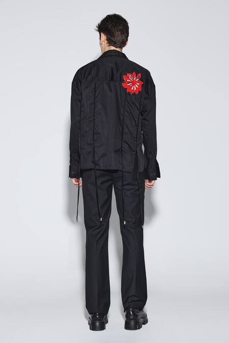 Dark Hour_Black Cotton Satin Embroidery Designer Enoch Shirt _at_Aza_Fashions