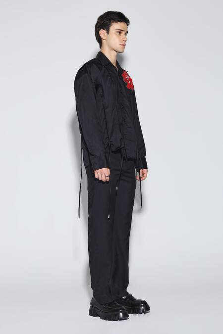 Buy_Dark Hour_Black Cotton Satin Embroidery Designer Enoch Shirt 