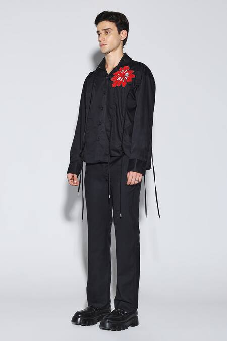Shop_Dark Hour_Black Cotton Satin Embroidery Designer Enoch Shirt 