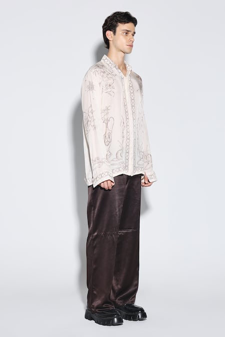 Shop Dark Hour Beige Viscose, Satin Embroidery Ecru Printed Casual Shirt Online at Aza Fashions Shop_Dark Hour_Beige Viscose, Satin Embroidery Ecru Printed Casual Shirt _Online_at_Aza_Fashions