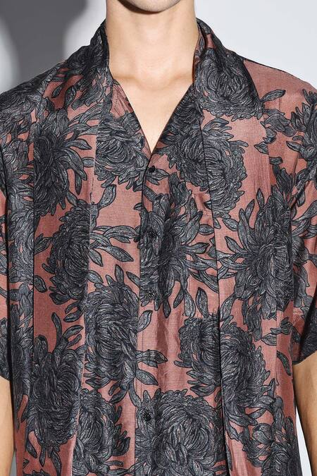 Shop Dark Hour Brown Cotton Floral Print Mocha Shirt Online at Aza Fashions Shop_Dark Hour_Brown Cotton Floral Print Mocha Shirt _Online_at_Aza_Fashions