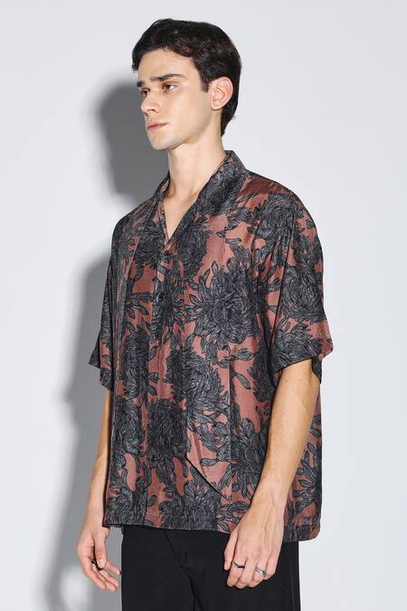Dark Hour Brown Cotton Floral Print Mocha Shirt at Aza Fashions Dark Hour_Brown Cotton Floral Print Mocha Shirt _at_Aza_Fashions
