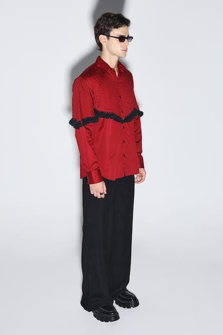 Dark Hour_Maroon Cotton Satin Ruffles Designer Alfwin Shirt _Online_at_Aza_Fashions