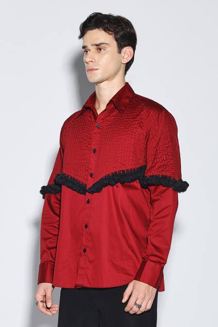 Buy_Dark Hour_Maroon Cotton Satin Ruffles Designer Alfwin Shirt _Online_at_Aza_Fashions