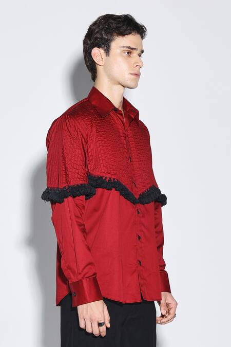 Shop_Dark Hour_Maroon Cotton Satin Ruffles Designer Alfwin Shirt _Online_at_Aza_Fashions