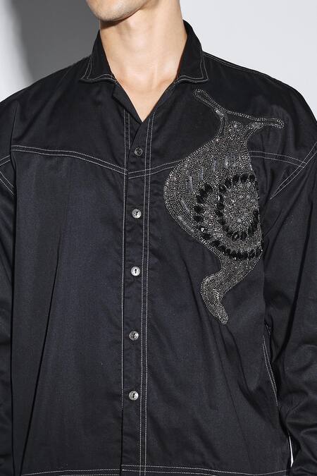 Dark Hour Black Cotton Satin Beads Designer Morrison Shirt at Aza Fashions Dark Hour_Black Cotton Satin Beads Designer Morrison Shirt _at_Aza_Fashions