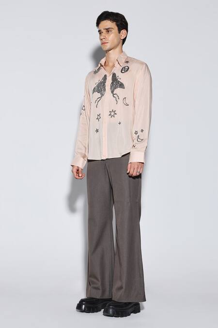 Dark Hour Peach Cotton, Silk Embroidery Clive Casual Shirt Online at Aza Fashions Dark Hour_Peach Cotton, Silk Embroidery Clive Casual Shirt _Online_at_Aza_Fashions