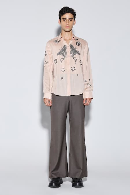 Buy Dark Hour Peach Cotton, Silk Embroidery Clive Casual Shirt Online at Aza Fashions Buy_Dark Hour_Peach Cotton, Silk Embroidery Clive Casual Shirt _Online_at_Aza_Fashions