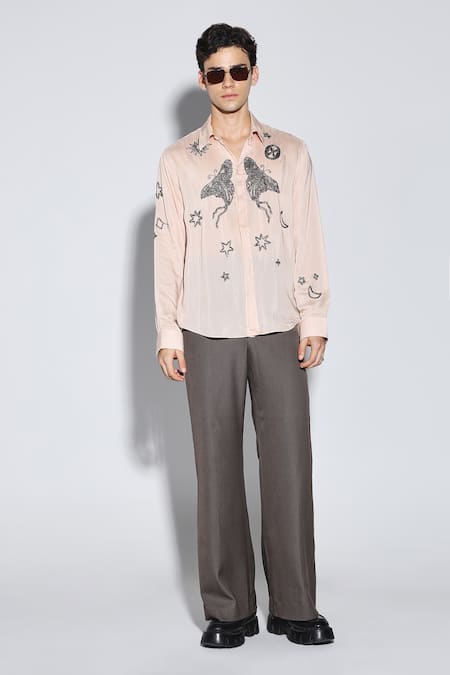 Shop Dark Hour Peach Cotton, Silk Embroidery Clive Casual Shirt Online at Aza Fashions Shop_Dark Hour_Peach Cotton, Silk Embroidery Clive Casual Shirt _Online_at_Aza_Fashions