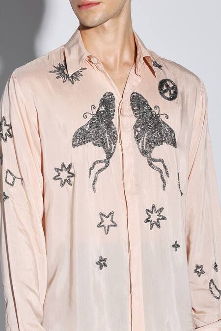 Dark Hour Peach Cotton, Silk Embroidery Clive Casual Shirt at Aza Fashions Dark Hour_Peach Cotton, Silk Embroidery Clive Casual Shirt _at_Aza_Fashions