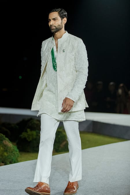 Shop Mishru Ivory Silk, Organza Embroidery Bandi Kurta Pant Set at Aza Fashions Shop_Mishru_Ivory Silk, Organza Embroidery Bandi Kurta Pant Set _at_Aza_Fashions