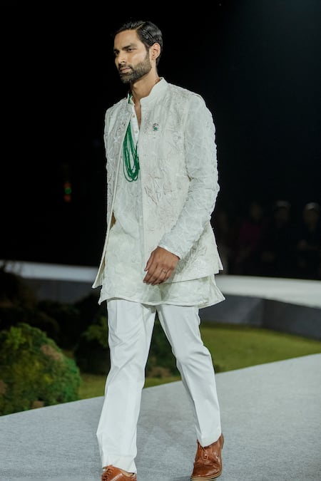 Mishru Ivory Silk, Organza Embroidery Bandi Kurta Pant Set Online at Aza Fashions Mishru_Ivory Silk, Organza Embroidery Bandi Kurta Pant Set _Online_at_Aza_Fashions