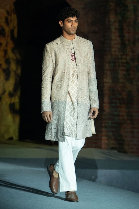 Mishru Gold Chanderi Embroidery Argutus Sherwani Set Online at Aza Fashions Mishru_Gold Chanderi Embroidery Argutus Sherwani Set _Online_at_Aza_Fashions