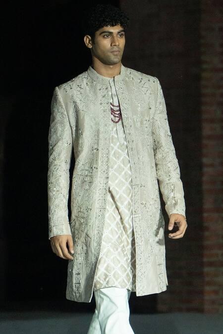 Buy Mishru Gold Chanderi Embroidery Argutus Sherwani Set Online at Aza Fashions Buy_Mishru_Gold Chanderi Embroidery Argutus Sherwani Set _Online_at_Aza_Fashions