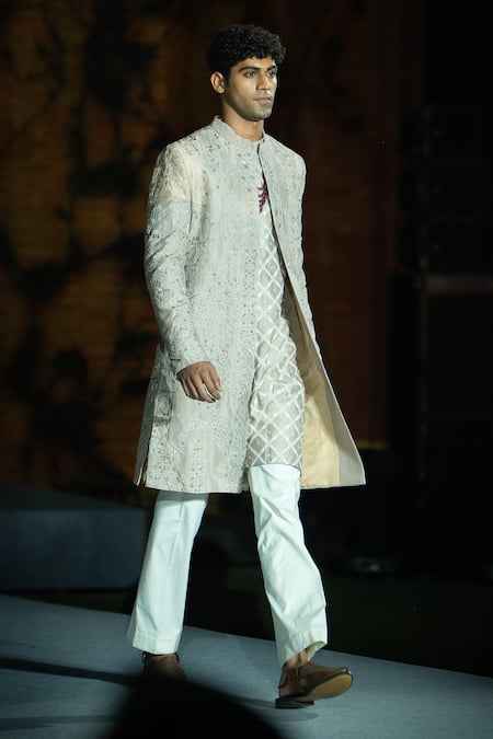 Shop Mishru Gold Chanderi Embroidery Argutus Sherwani Set at Aza Fashions Shop_Mishru_Gold Chanderi Embroidery Argutus Sherwani Set _at_Aza_Fashions