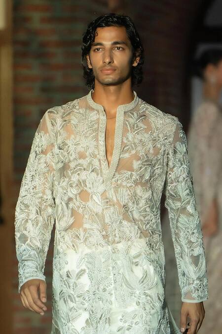 Mishru Gold Net Embroidery Derek Kurta Set at Aza Fashions Mishru_Gold Net Embroidery Derek Kurta Set _at_Aza_Fashions