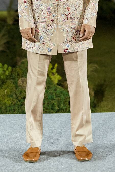 Mishru Beige Silk Embroidery Albie Floral Sherwani Set Online at Aza Fashions Mishru_Beige Silk Embroidery Albie Floral Sherwani Set _Online_at_Aza_Fashions