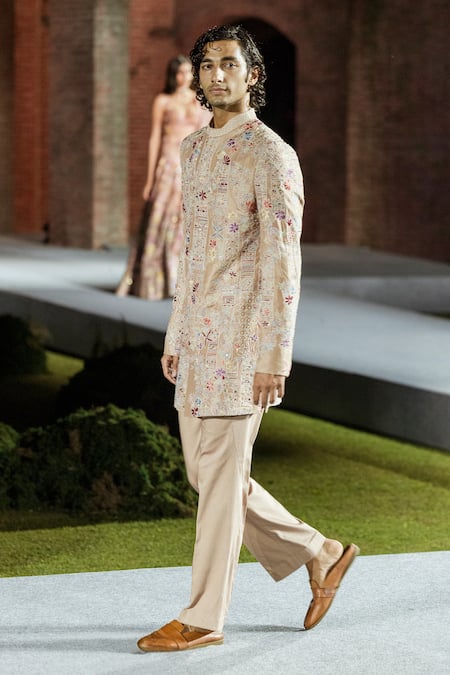 Shop Mishru Beige Silk Embroidery Albie Floral Sherwani Set at Aza Fashions Shop_Mishru_Beige Silk Embroidery Albie Floral Sherwani Set _at_Aza_Fashions
