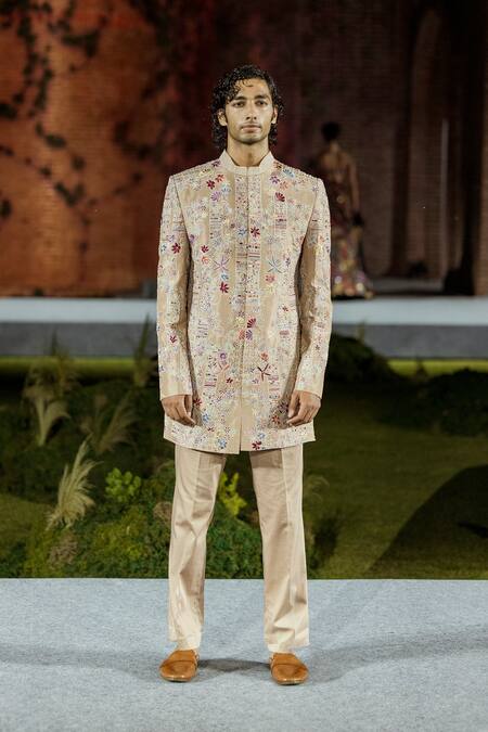 Buy Mishru Beige Silk Embroidery Albie Floral Sherwani Set Online at Aza Fashions Buy_Mishru_Beige Silk Embroidery Albie Floral Sherwani Set _Online_at_Aza_Fashions