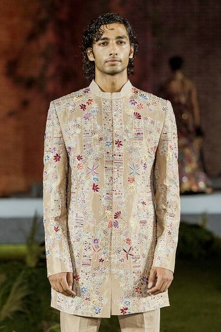 Shop Mishru Beige Silk Embroidery Albie Floral Sherwani Set Online at Aza Fashions Shop_Mishru_Beige Silk Embroidery Albie Floral Sherwani Set _Online_at_Aza_Fashions