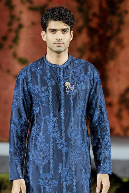 Shop Mishru Blue Chanderi Embroidery Vitor Kurta Set at Aza Fashions Shop_Mishru_Blue Chanderi Embroidery Vitor Kurta Set _at_Aza_Fashions