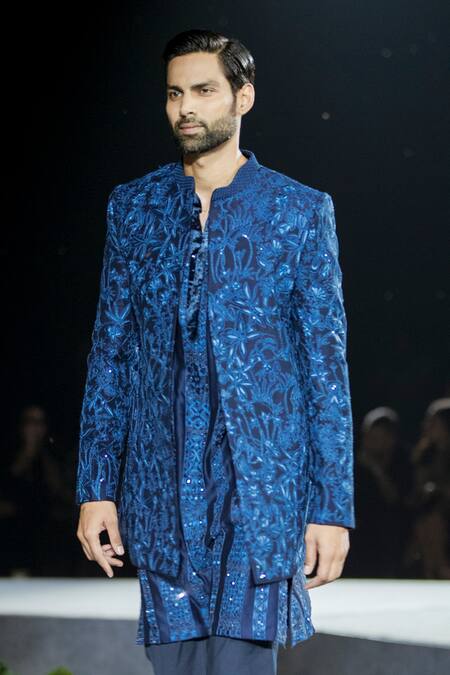 Mishru Blue Silk, Chanderi Embroidery Zeca Sherwani And Kurta Set Online at Aza Fashions Mishru_Blue Silk, Chanderi Embroidery Zeca Sherwani And Kurta Set _Online_at_Aza_Fashions