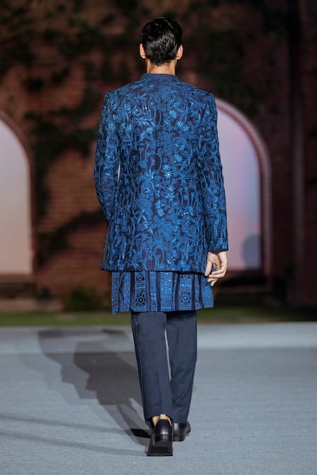 Shop Mishru Blue Silk, Chanderi Embroidery Zeca Sherwani And Kurta Set at Aza Fashions Shop_Mishru_Blue Silk, Chanderi Embroidery Zeca Sherwani And Kurta Set _at_Aza_Fashions