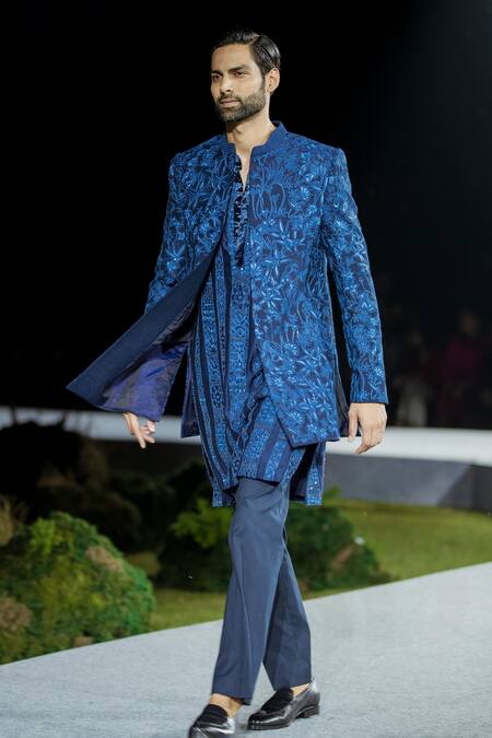 Buy Mishru Blue Silk, Chanderi Embroidery Zeca Sherwani And Kurta Set Online at Aza Fashions Buy_Mishru_Blue Silk, Chanderi Embroidery Zeca Sherwani And Kurta Set _Online_at_Aza_Fashions