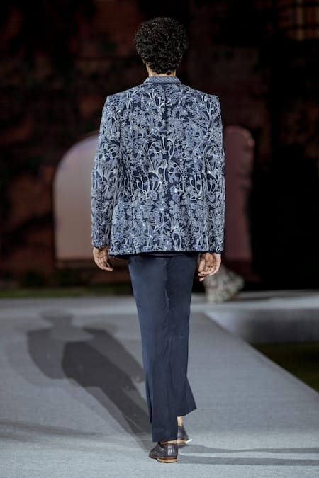 Shop Mishru Blue Embroidery Floral Print Bandhgala Jacket Set at Aza Fashions Shop_Mishru_Blue Embroidery Floral Print Bandhgala Jacket Set _at_Aza_Fashions