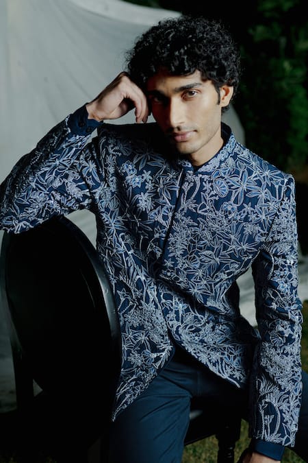 Mishru Blue Embroidery Floral Print Bandhgala Jacket Set Online at Aza Fashions Mishru_Blue Embroidery Floral Print Bandhgala Jacket Set _Online_at_Aza_Fashions