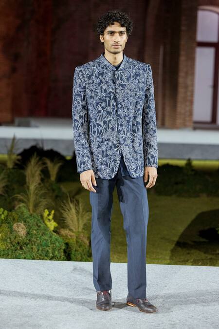 Buy Mishru Blue Embroidery Floral Print Bandhgala Jacket Set Online at Aza Fashions Buy_Mishru_Blue Embroidery Floral Print Bandhgala Jacket Set _Online_at_Aza_Fashions