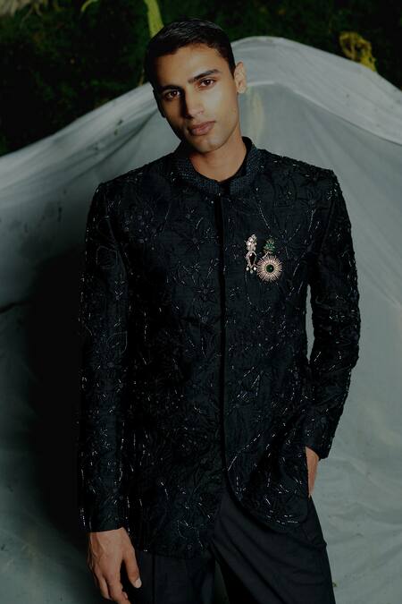 Mishru Black Silk Brooches, Embroidery Iver Bandhgala Set Online at Aza Fashions Mishru_Black Silk Brooches, Embroidery Iver Bandhgala Set _Online_at_Aza_Fashions