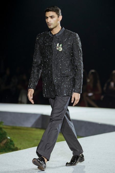 Buy Mishru Black Silk Brooches, Embroidery Iver Bandhgala Set Online at Aza Fashions Buy_Mishru_Black Silk Brooches, Embroidery Iver Bandhgala Set _Online_at_Aza_Fashions