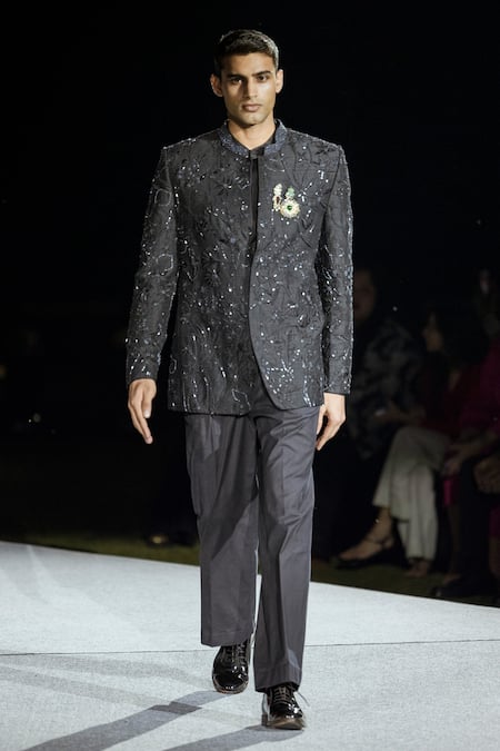 Shop Mishru Black Silk Brooches, Embroidery Iver Bandhgala Set at Aza Fashions Shop_Mishru_Black Silk Brooches, Embroidery Iver Bandhgala Set _at_Aza_Fashions