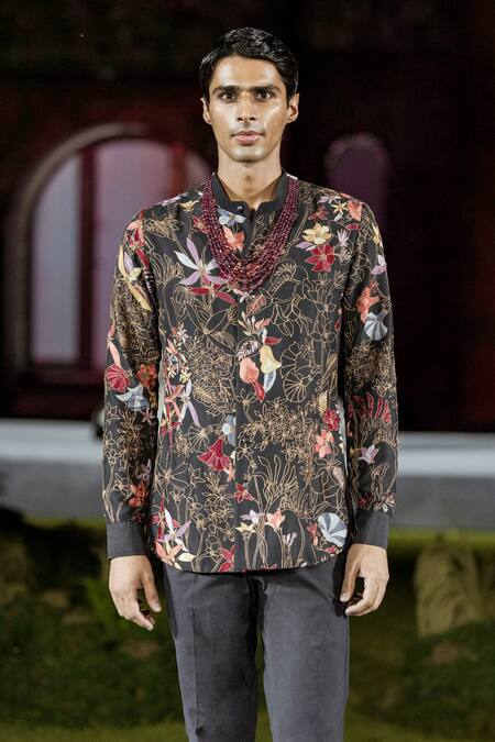 Shop Mishru Black Silk Embroidery Denis Shirt And Pant Set Online at Aza Fashions Shop_Mishru_Black Silk Embroidery Denis Shirt And Pant Set _Online_at_Aza_Fashions