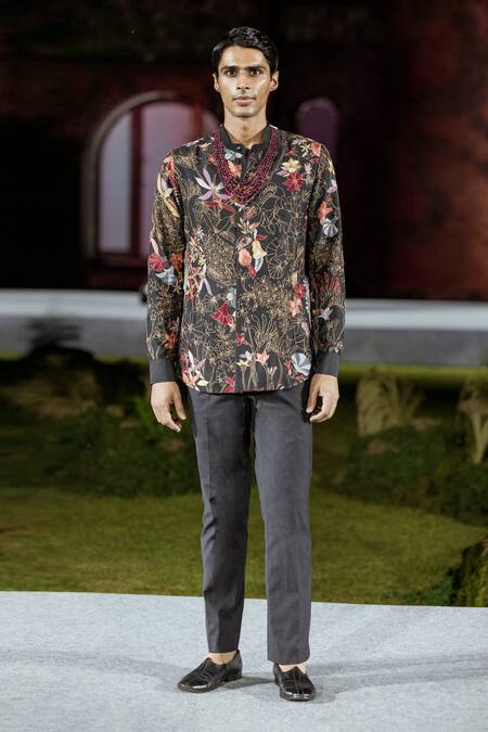 Mishru Black Silk Embroidery Denis Shirt And Pant Set at Aza Fashions Mishru_Black Silk Embroidery Denis Shirt And Pant Set _at_Aza_Fashions