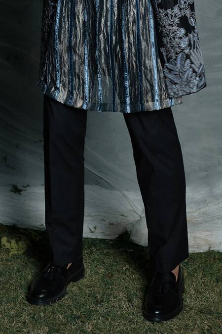 Mishru_Black Velvet Embroidery, Metallic Thread Carlos Sherwani Set _Online_at_Aza_Fashions