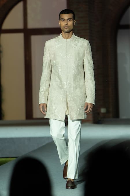 Shop Mishru Gold Embroidery And Beige Zavi Jacket Set at Aza Fashions Shop_Mishru_Gold Embroidery And Beige Zavi Jacket Set _at_Aza_Fashions