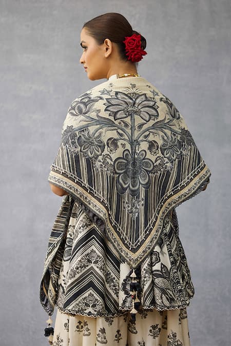 Shop_Torani_Black Embroidery, Tassels Kalamkari Phulera Scarf _at_Aza_Fashions