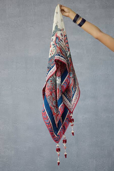 Torani_Multi Color Embroidery Coromandel Phulera Printed Scarf _Online_at_Aza_Fashions