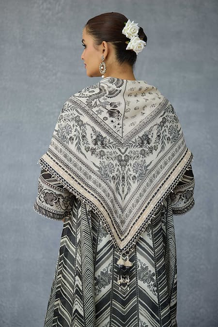 Shop_Torani_Black Tassels, Embroidery Kalamkari Akshiti Georgette Scarf _at_Aza_Fashions