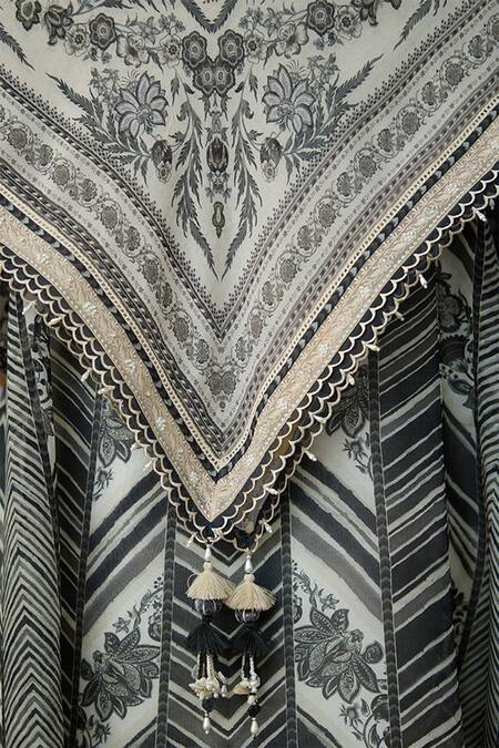 Shop_Torani_Black Tassels, Embroidery Kalamkari Akshiti Georgette Scarf _Online_at_Aza_Fashions