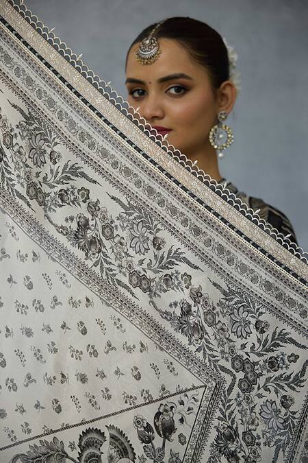Torani_Black Tassels, Embroidery Kalamkari Akshiti Georgette Scarf _at_Aza_Fashions