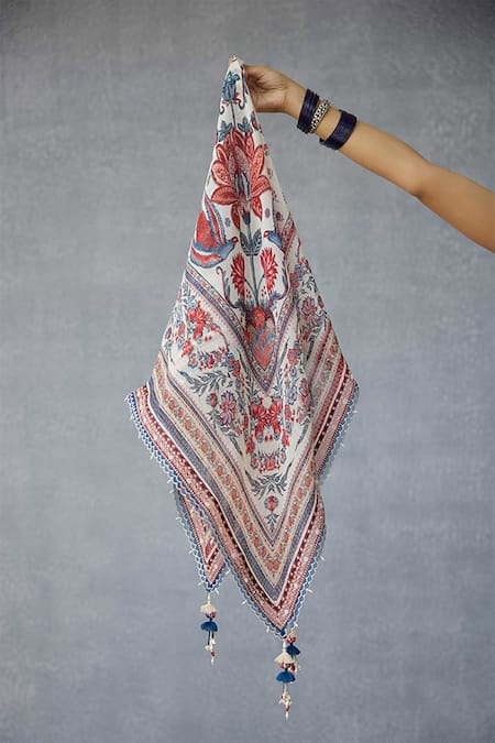 Torani_Multi Color Tassels, Embroidery Coromandel Akshiti Silk Crepe Scarf _Online_at_Aza_Fashions