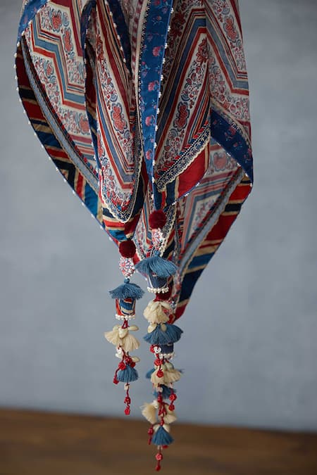 Buy_Torani_Multi Color Tassels, Embroidery Coromandel Akshiti Silk Crepe Scarf _Online_at_Aza_Fashions