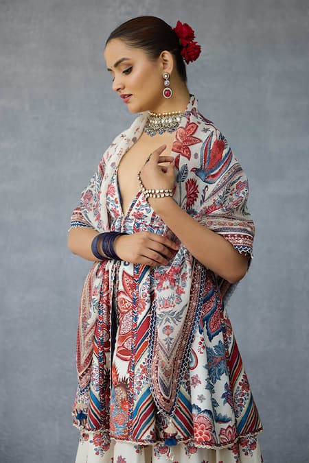 Torani_Multi Color Tassels, Embroidery Coromandel Akshiti Silk Crepe Scarf _at_Aza_Fashions