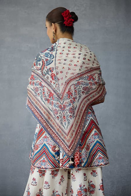 Shop_Torani_Multi Color Tassels, Embroidery Coromandel Akshiti Silk Crepe Scarf _at_Aza_Fashions