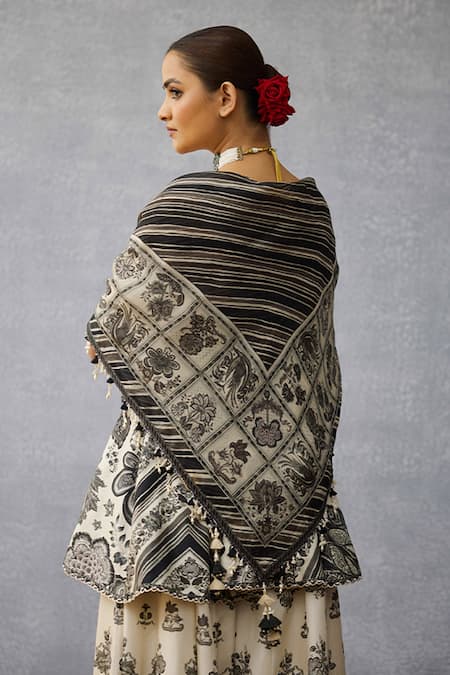 Shop_Torani_Black Tassels Kalamkari Anura Silk Crepe Organza Scarf _at_Aza_Fashions
