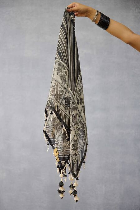 Shop_Torani_Black Tassels Kalamkari Anura Silk Crepe Organza Scarf _Online_at_Aza_Fashions
